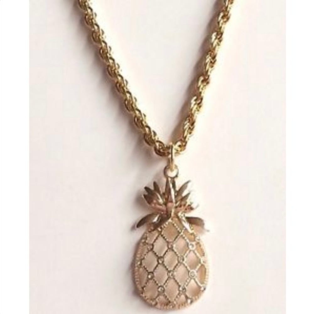 Gold Crystal Pineapple Necklace 18" Pendant Hawaii
